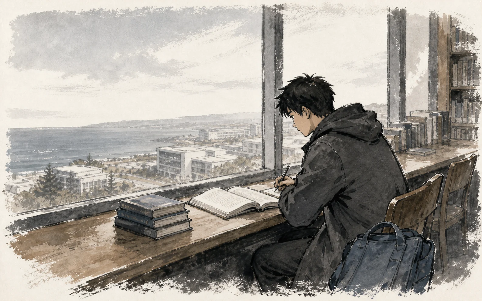 A traveller reading and writing beside the East China Sea