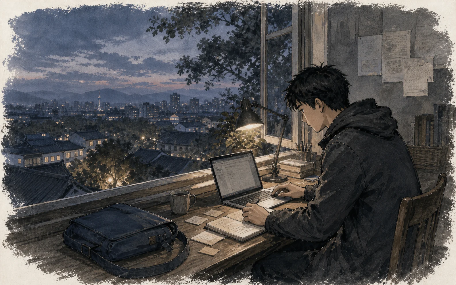 A traveller writing by the window in Chengdu at dusk