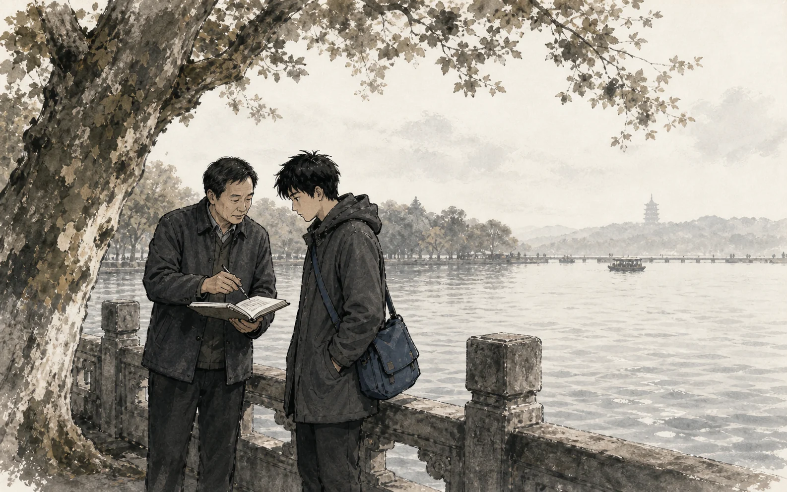 A mentor guiding a young traveller beside West Lake