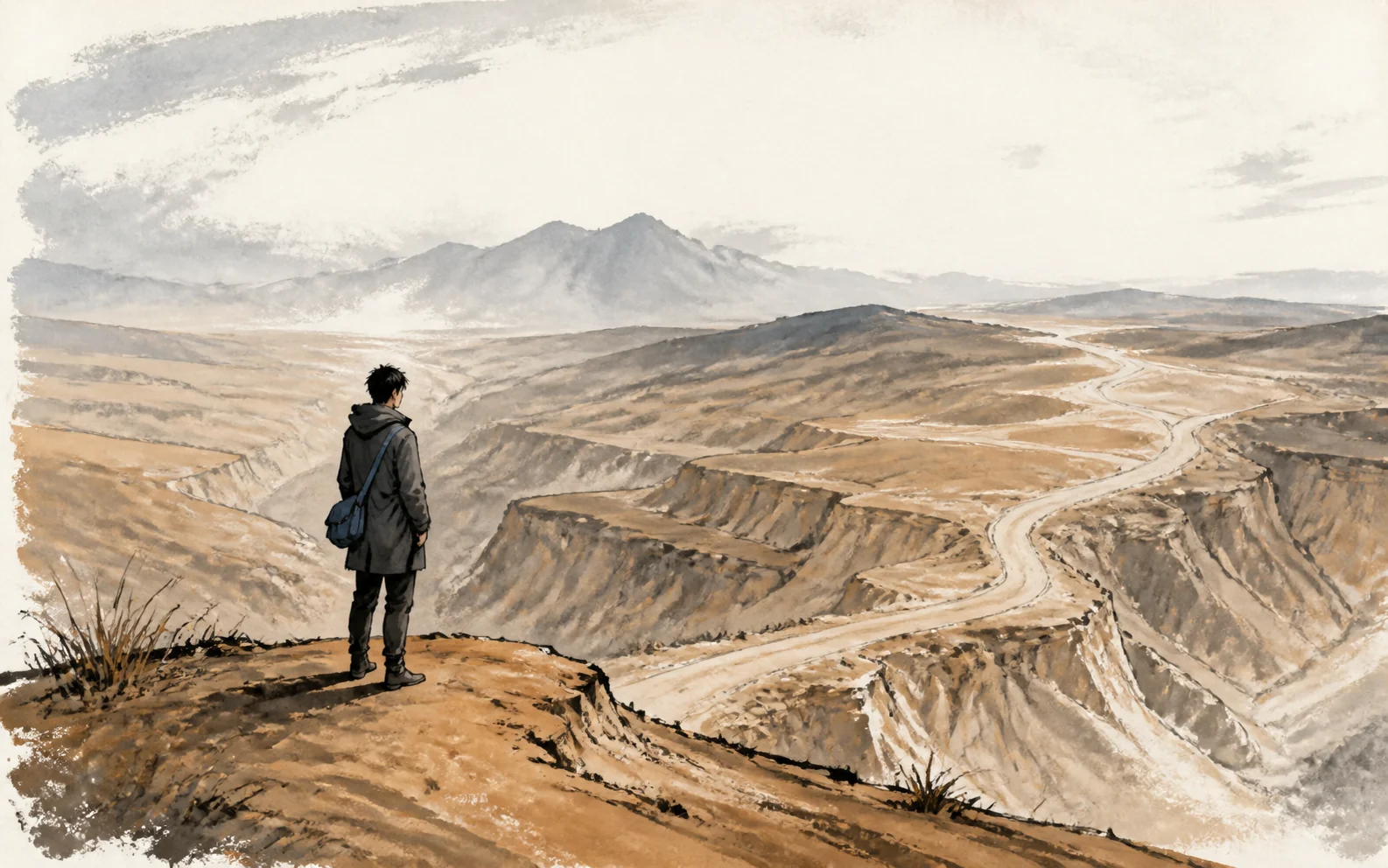 A traveller on the Loess Plateau looking towards a road winding east